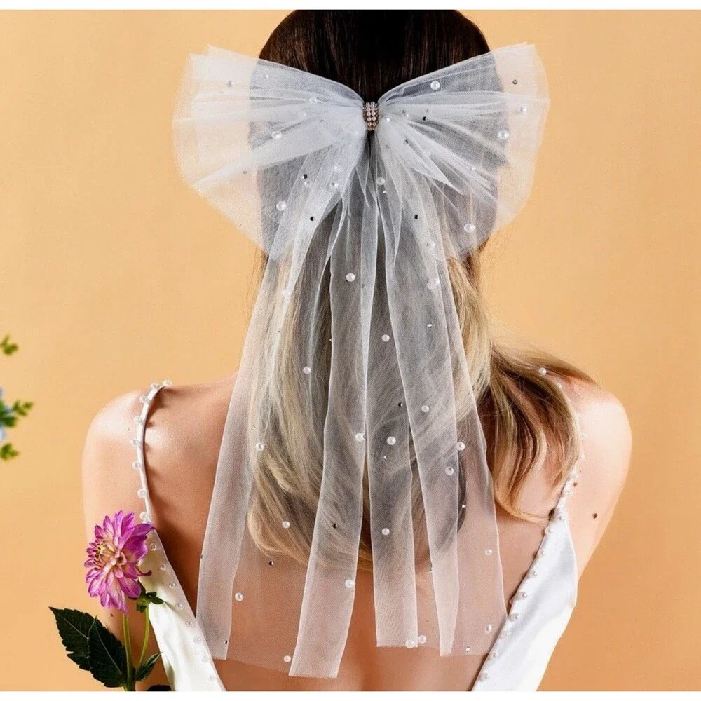 Bridal Hair Accessories Lot Graduated Pearl Headband & Tulle Embellished Bow